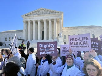 Members of the American Association of Pro-Life Obstetricians and Gynecologists before the Supreme Court during the Dec. 1, 2021 oral arguments for Dobbs v. Jackson Women’s Health Organization