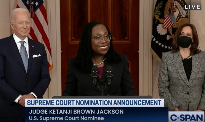 President Joe Biden&#039;s SCOTUS pick Judge Ketanji Brown Jackson with Biden and Vice President Kamala Harris