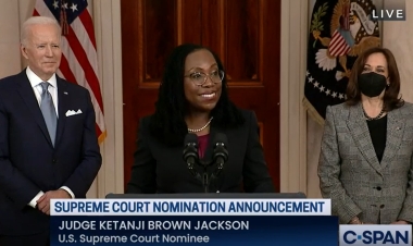 President Joe Biden&#039;s SCOTUS pick Judge Ketanji Brown Jackson with Biden and Vice President Kamala Harris