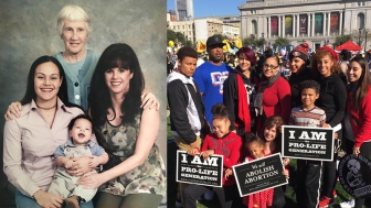 Left: Sally (standing), Arica with son Eurijah, and mother Laurie Gaines | Right: Arica and her family at the 2015 San Francisco Walk for Life