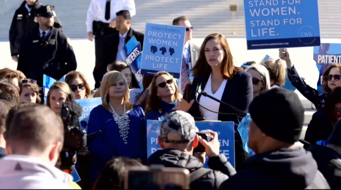 Katherine Glenn Foster speaks at the &quot;Protect Women Protect Life Rally&quot; at the U.S. Supreme Court Mar. 4. Oral arguments in the June Medical Services v. Russo abortion case were heard that day. 