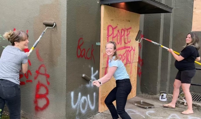 Volunteers from Hinson Memorial Baptist Church helped clean up after a pro-abortion attack on First Image Pregnancy Resource Centers