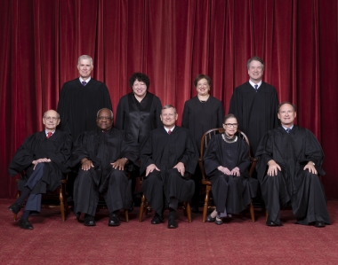 Front row, left to right: Associate Justice Stephen G. Breyer, Associate Justice Clarence Thomas, Chief Justice John G. Roberts, Jr., Associate Justice Ruth Bader Ginsburg, Associate Justice Samuel A. Alito. Back row: Associate Justice Neil M. Gorsuch, Associate Justice Sonia Sotomayor, Associate Justice Elena Kagan, Associate Justice Brett M. Kavanaugh.