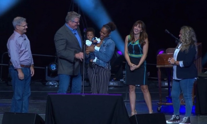 Heartbeat International President Jor-El Godsey, Focus on the Family&#039;s Jim Daly, Unplanned Movie Scholarship recipient Dominique and son Dominic, Ashley Bratcher and Embrace Grace&#039;s Amy Ford