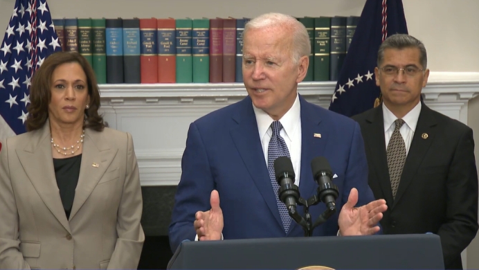 Biden, Becerra, and Vice President Kamala Harris during the July 8 abortion executive order press conference 